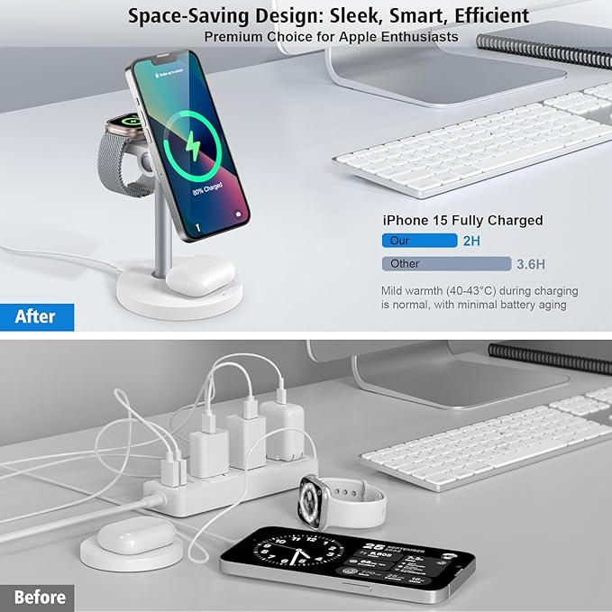 3 in 1 Wireless Charging Station for Apple Devices, 15W Fast Magnetic Charger Nighstand for Bedrooms, iPhone 17 Air 16 15 14 13 12 11 Series, Apple Watch, Airpods, Gifts for Men & Women(No AC Adapter)