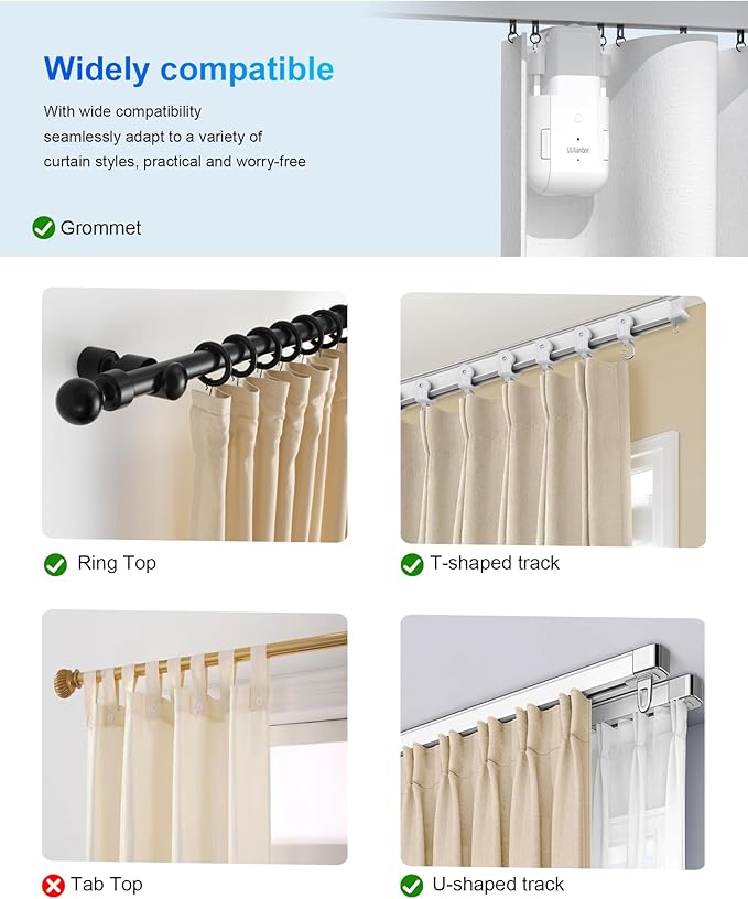 2025 Automatic Curtain Opener - Electric Curtains with Remote Smart Curtain Opener Electronic for Roman/U/T Rails, Bluetooth Curtain Opener with App/Timer, Compatible with Alexa and Google Home