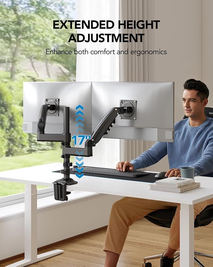 HUANUO 13-32 Inch Dual Monitor Stand, NITROGLIDE™ Dual Monitor Mount, Monitor Stand 2 Monitors, Ergonomic Adjustable Tilt/Swivel/Rotate, Weight Max 19.8 lbs, VESA 75/100mm