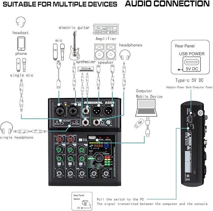 4 Channel Audio Mixer With Effects 88 Dsp Mixer Mixing Board Usb Interface Bluetooth Music Player + 48v Line Phantom Power Audio Mixer To Pc/Phone For Karaoke Record Livestream
