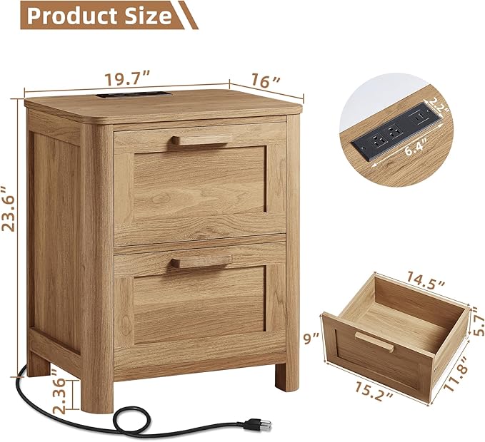 Joaxswe Farmhouse Nightstand Set of 2 with Charging Station, End Tables Bedroom with 2 Large Drawers & 4 Thickened Table Legs, Dark Wood
