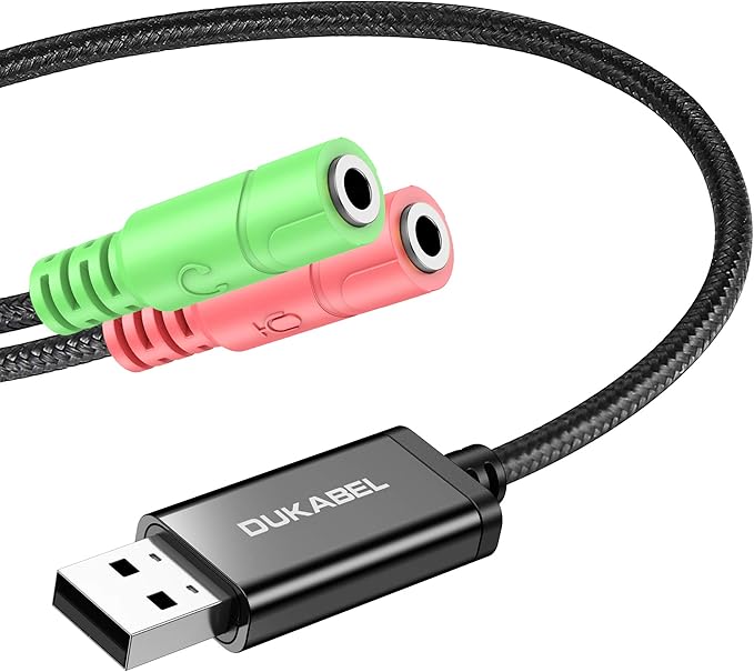 DuKabel USB to 3.5mm Jack TRS AUX Adapter for Built-in USB Sound Card with Separate Plug TRS 3 Pole Microphones [Metal Housing & Durable Braided / 9.8inch]