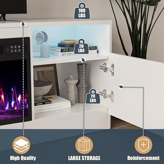 VITESSE Fireplace with TV Stand 36" inch Electric Fireplace Up to 80" TVs, LED Light Entertainment Center, 70" Modern Wood High Gloss with Highlight Storage Cabinet for Living Room (White)