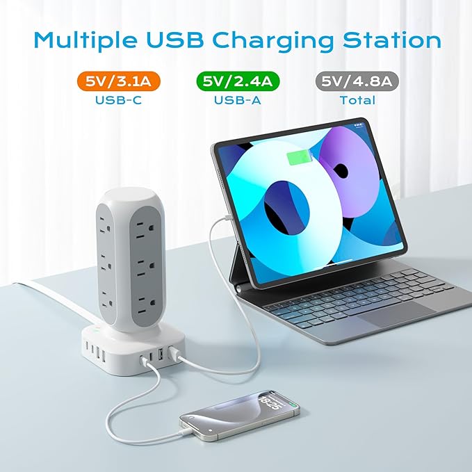 Tower Surge Protector Power Strip, Flat Plug Outlet Extender with 12 AC Outlets & 8 USB Ports, 5 FT Extension Cord with Multiple Outlets, 24W Total Charging Station for Home Office Dorm Room