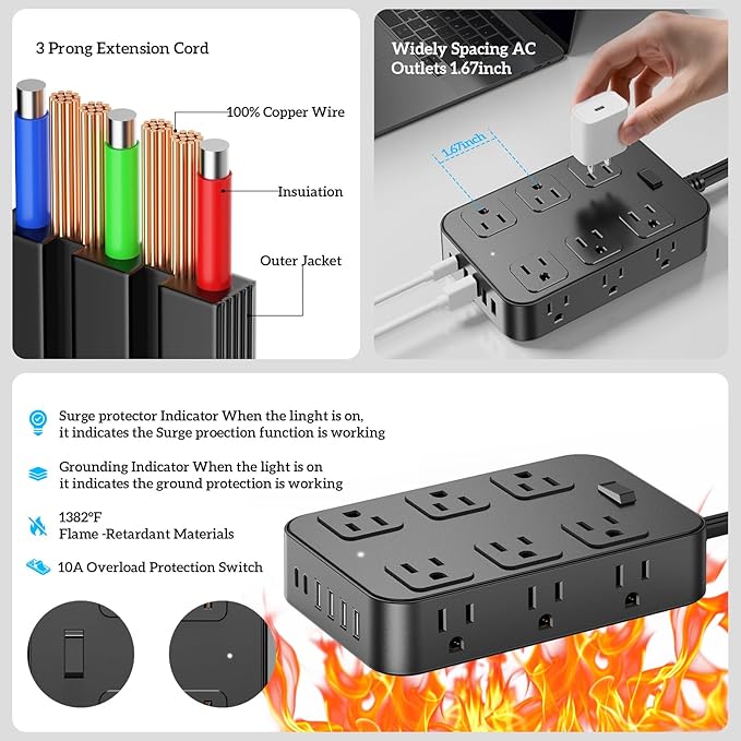 Solidock Flat Plug Power Strip Surge Protector 5 Ft Extension Cord with 12 AC Outlets 6 USB Ports 3 Side Multi Plug Outlet Extender Home Office Kitchen Dorm Room Wall Desk Charging Station ETL Listed
