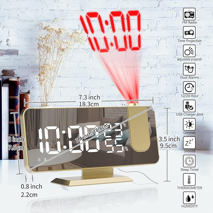 Mightree Projection Alarm Clock for Bedroom, Digital Alarm Clock with USB Charger, 7.4" Large LED Mirror Display Radio Alarm Clock, Dual Smart Alarm with Projection on Ceiling, Rich Gold