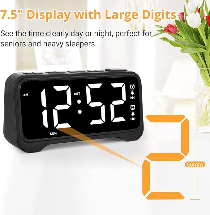 Loud Vibrating Alarm Clock for Heavy Sleepers with Bed Shaker Under Pillow, Hearing Impaired/Deaf/Teens, Dual Alarms, Adjustable Date, Nightlight & Battery Backup, Large LED Digital Display, 12/24H