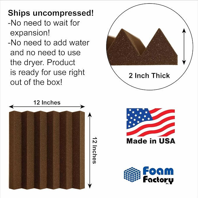 Foam Factory Inc 24 Pack Color Acoustic Foam Panel Studio Soundproofing Wedge Wall Tiles 12” X 12” X 2” (Brown)