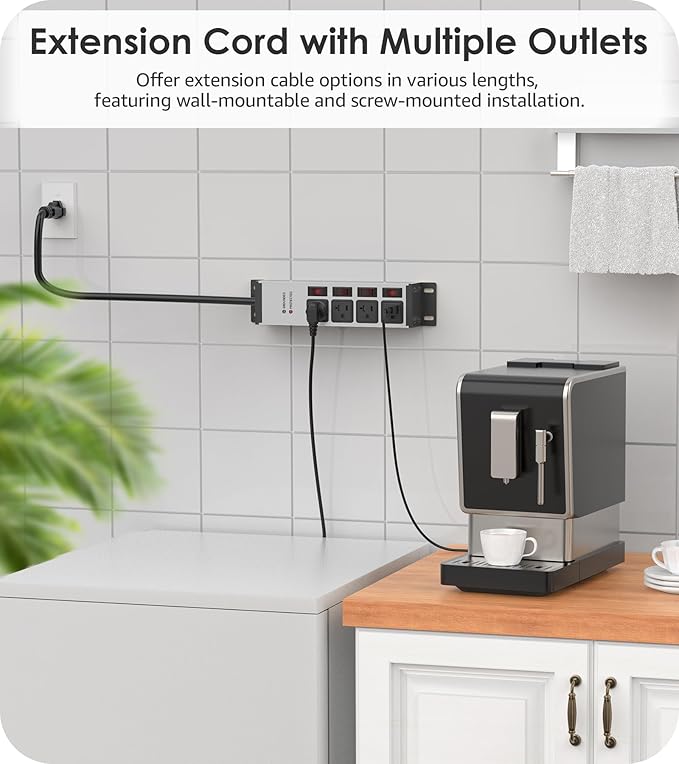 CCCEI Heavy Duty Surge Protector Power Strip 20 Amp Individual Switches. 20FT 12 Gauge Extension Cord with Multiple Outlets. Kitchen, Garage, Shop, Industrial Wall Mount Electric Extender, Grey.