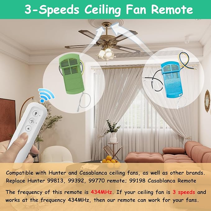 Prichor 99770 Ceiling Fan Remote Control (Remote ONLY) for Hunter 99770 99392 99813, Universal Remote with 3 Speeds & Light Dimmer