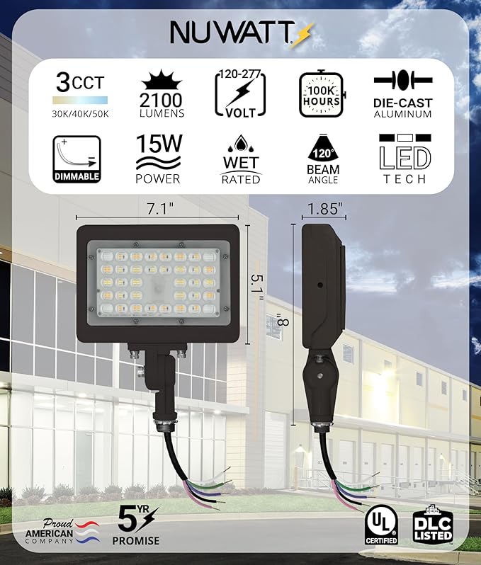 NUWATT 15W LED Flood Light, 3CCT 3000K/4000K/5000K Selectable, IP65 Waterproof Lighting, 1/2" Adjustable Knuckle Mount, 2100 Lumens, 120-277V, Outdoor Security Floodlight for Yard, Bronze, UL