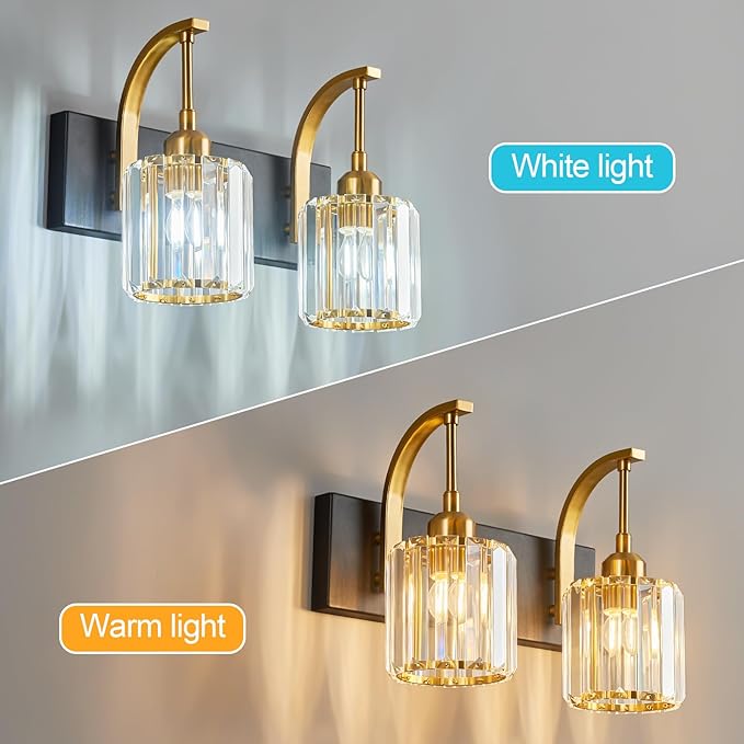 FDPBY Bathroom Crystal Vanity Lights 2-Light Black Gold Wall Lamp Modern Crystal Bathroom Light Fixtures Over Mirror 13.77" Long Wall Sconce