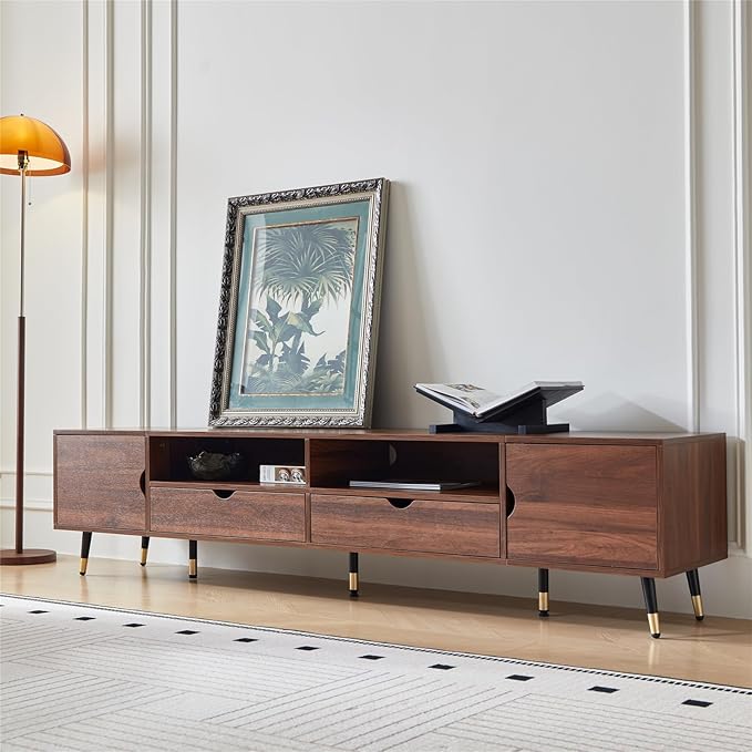 siu want Mid-Century Modern TV Stand for TVs up to 85 Inch, 78.7'' Walnut Wood Media Console with Drawers & Open Storage, Solid Wood Legs, Low Profile Entertainment Center for Living Room