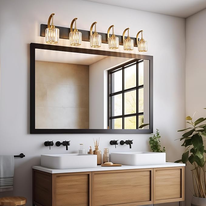 FDPBY 6-Light Crystal Vanity Light, Black Gold Modern Wall Sconce with K9 Crystal Shades, 51.18" Long Over Mirror Lighting for Bathroom, Makeup, Hallway, Elegant & Easy Install