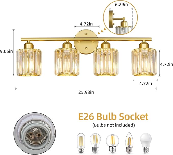 FDPBY Modern 4 Light Crystal Vanity Light, Gold Vertical Bathroom Light Fixture Over Mirror for Dressing Table Sink, Compatible with Dimmable Bulbs (Bulbs Not Included)