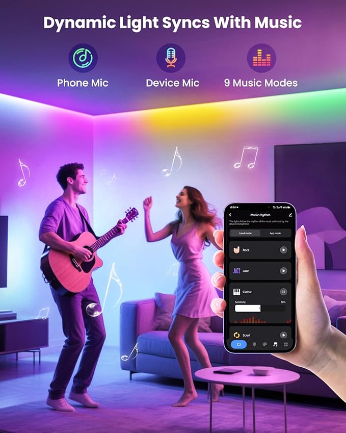16.4ft RGB+IC LED Lights for 50-75 Inch TV, Backlight Strip Behind TV with Music Sync, Bluetooth APP and Voice Control, 44 Scene Modes, for Ambient Mood Lighting, Monitor Game, Bedroom, Living Room