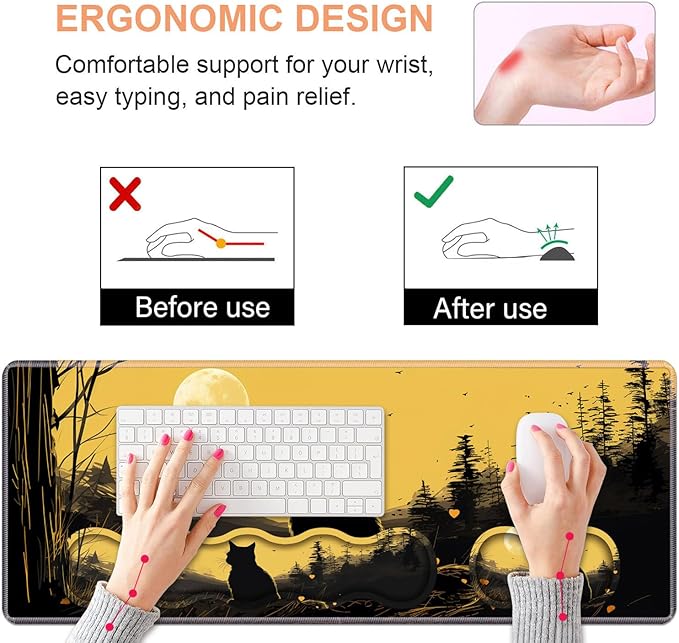 Ergonomic Keyboard Wrist Rest & Mouse Pad Wrist Rest Set, Large XXL Gaming Desk Mat 31.5"x 11.8" with Non-Slip Base, Memory Foam, Easy Typing Pain Relief for Home & Office, Black Cat