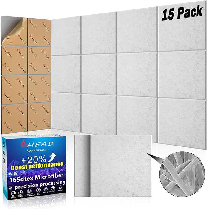 BSHEAD 15 pcs 165dtex Microfiber Acoustic Panels ，Self-Adhesive Soundproof Wall Panels, 12 x 12 x 0.4 in Sound Proof Foam Panels for Walls, High Density, Noise Dampening Panels for Home Studio（Gray）