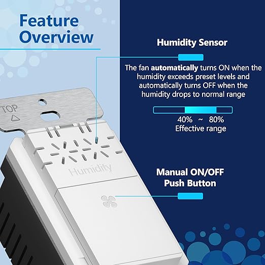 LIDER No Neutral Wire Required Humidity Sensor Switch, Automatic Humidity Detection, Air Circulator, Bathroom Fan Automated Control, Adjustable Timing, 1-Pole, UL Listed, White, Wall Plate Included