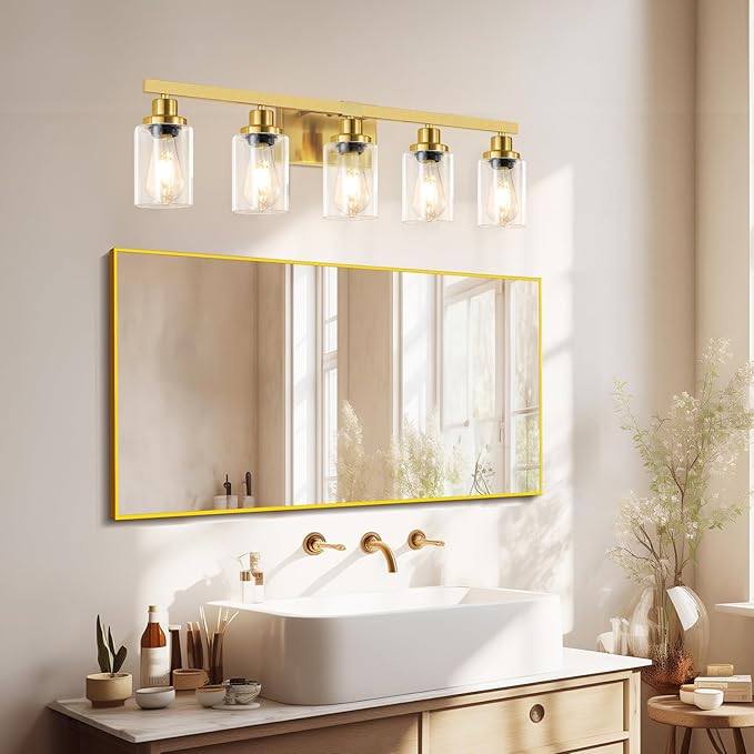 DIKAIDA 5 Light Gold Bathroom Vanity Light, Bathroom Light Fixtures, 31" Modern Brushed Gold Vanity Lighting Fixtures for Bathroom Over Mirror, Gold Sconces Wall Lighting for Bedroom