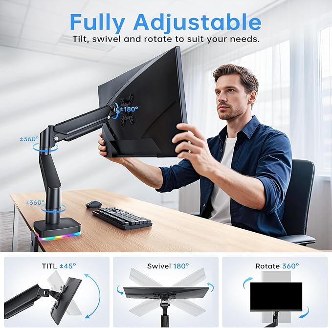 RGB Single Monitor Stand, Gas Spring Monitor Arm with 3 USB Ports, Charging and USB Data Transfer Function, Desk Mount for 13"-32" Monitors up to 19.8lbs, Adjustable Height, Tilt, Swivel, Rotate