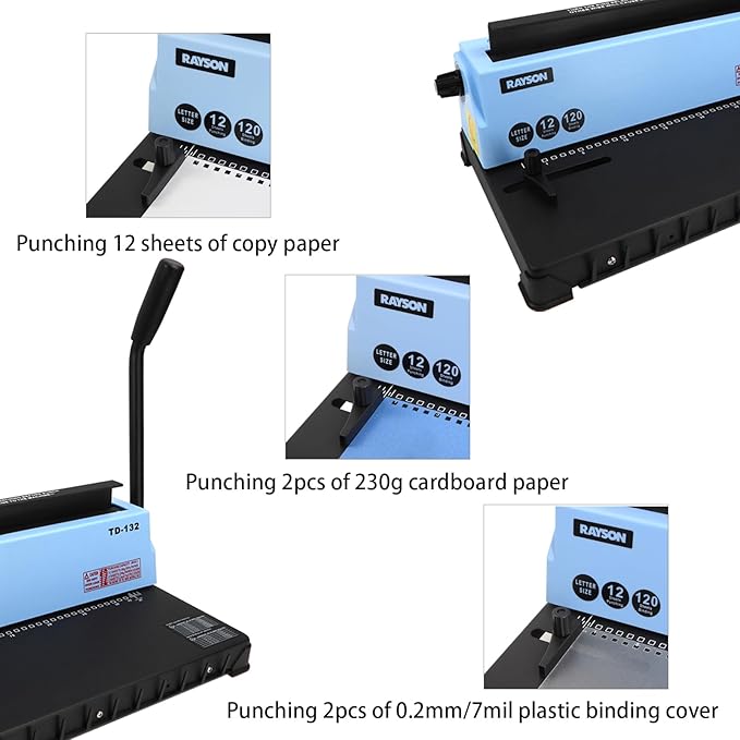 Rayson TD-132 Wire Binding Machine, 32-Hole Spiral Coil Binder, 3:1 Pitch, Punches 12 Sheets, Binds up to 120 Sheets, Sturdy Metal Construction