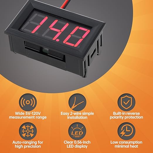 DiGiYes 5 Pack DC 5-120V Digital Mini Voltmeter 2 Wire 0.56 inch LED Display Panel Voltage Meter for Car Motorcycle Battery Monitor (Red)