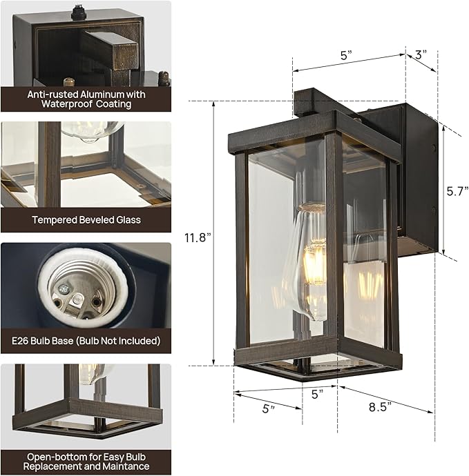 JOKAONOTL Dusk to Dawn Porch Lights with GFCI Outlets Waterproof Outdoor Wall Lights Exterior Lighting Fixtures Modern Outside Lights Wall Mount for House Patio Garage,Gold Brown,11.8''H,1PC