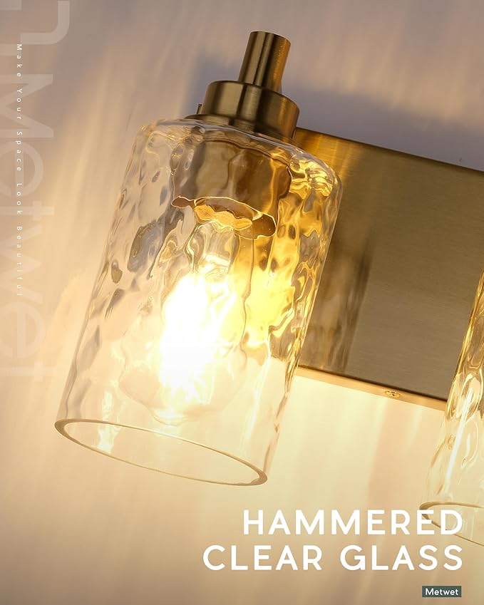 METWET 4-Light Bathroom Light Fixtures, 24.5 Inch Brushed Gold Vanity Lights with Clear Hammered Glass Cylinder Shade, Modern Vanity Lighting Fixture Over Mirror, VL198-BG-4