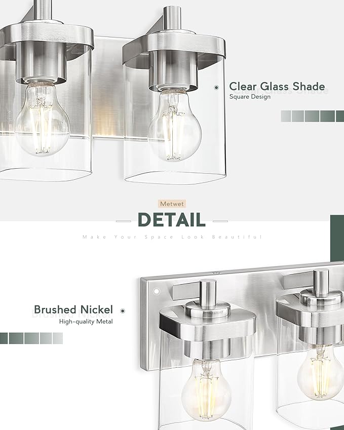 METWET Bathroom Light Fixtures, 3-Light Vanity Light with Square Clear Glass Shade, Brushed Nickel Modern Wall Sconces, Vanity Lighting Fixtures Over Mirror, VL194-BN-3