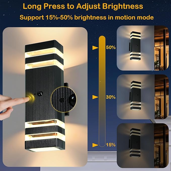 iYogaled Dusk to Dawn Motion Sensor Porch Light with 3 Lighting Modes, Waterproof Up Down Wall Sconce with Adjustable Bulbs, Aluminum Exterior Light Fixtures for Entryway, Patio, Garage,ETL Listed