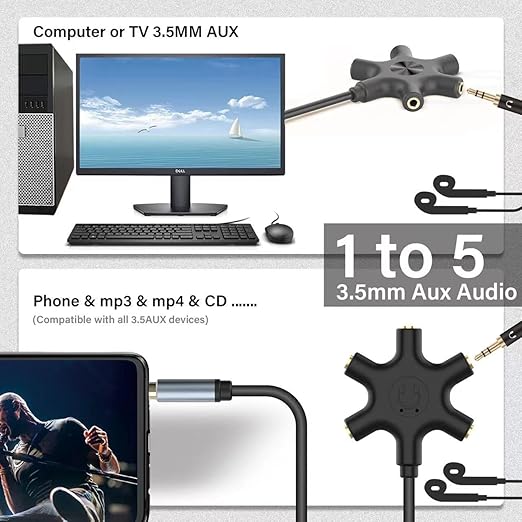 5-Jack Multi-Headphone Audio Splitter Injection Molding - Designed for Up to 5 Devices