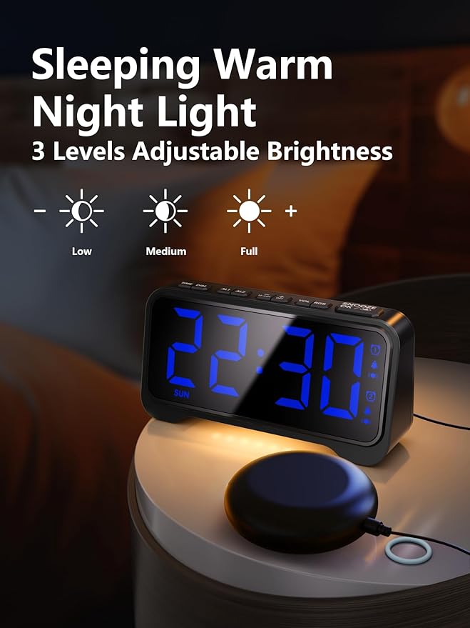 Mesqool Extra-Loud Alarm Clock with Bed Shaker for Heavy Sleepers, Vibrating & Buzzer Modes, Dual Alarms, USB Charging, Snooze & Battery Backup for Adults, Teens, Seniors