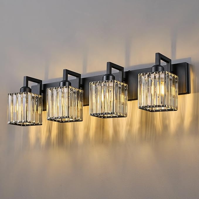 FDPBY Black Bathroom Light Fixture, 4-Light Crystal Vanity Lighting, Bathroom Lighting Fixtures Over Mirror, Modern Crystal Wall Lamp