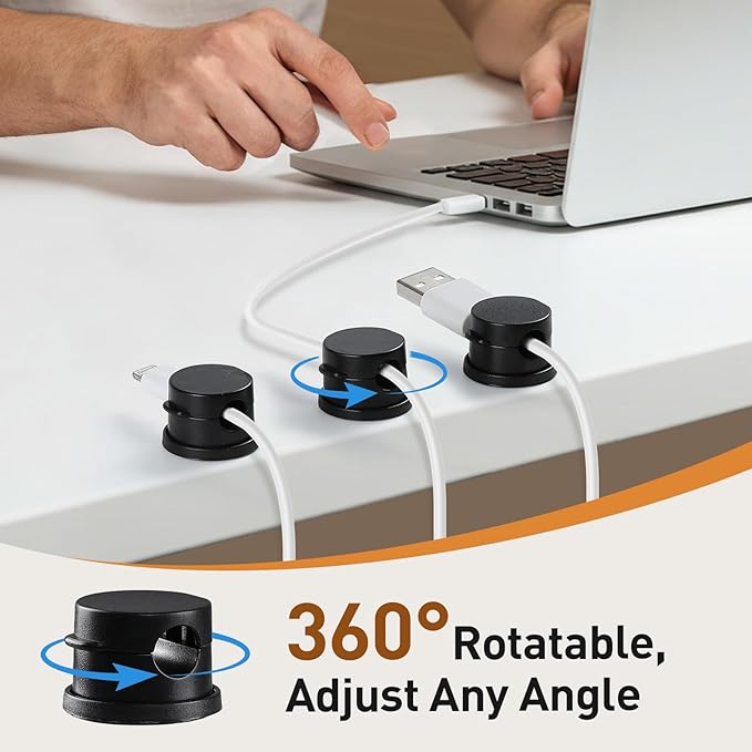 AGPTEK 8 Pack Magnetic Cable Clips, Upgraded 360° Rotatable Cord Holder Clips for Nightstand, Desk Cord Organizer Adhesive Wire Management Home Office Phone Charging Cords USB Cable Keeper (Black)