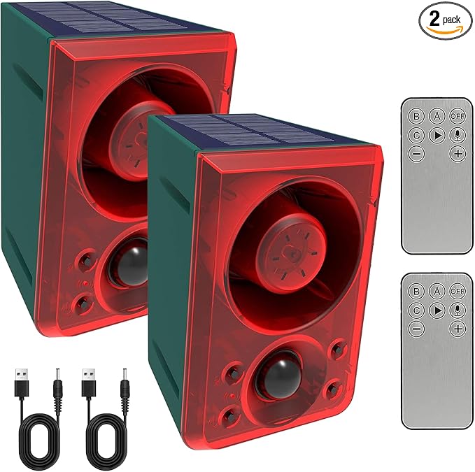 ChunHee Solar Outdoor Motion Sensor Alarm with Dog Barking Gunshot Sound, Support Recording and Adjustable Volume, 130db Loud Noise Maker 3 Work Modes Strobe Light for Home, Villa, Farm, Barn (2pack)