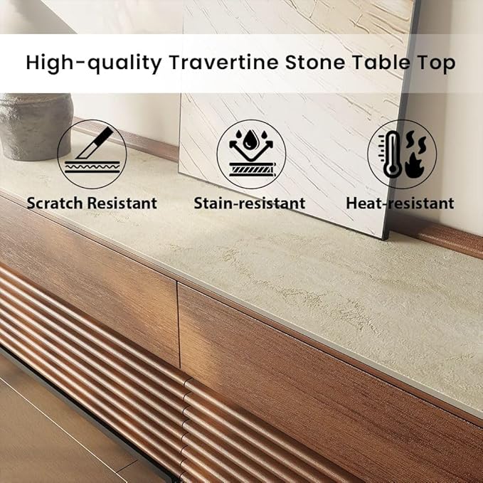 POVISON Fully-Assembled Mid Century Matte Sintered Stone TV Stand with Legs, 94.49" Wood Media Console with Adjustable LED Light, Entertainment Center with Storage for Living Room