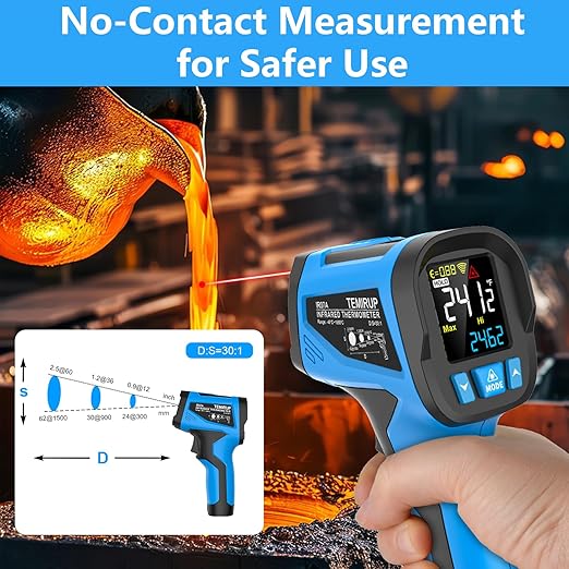 TEMIRUP Infrared Thermometer Temperature Gun -40℉ to 2462℉, 30:1 High Temp Laser Thermometer/K-Type Probe 14°F~932°F, Digital IR Pyrometer Temp Gun for Cooking, Engine, Kiln, Forging, HVAC&Industrial