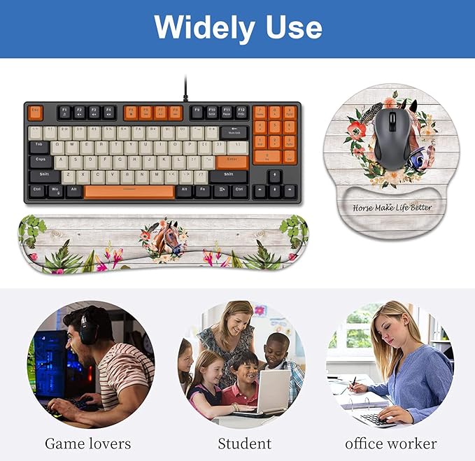 Keyboard Wrist Rest + Mouse Pad Wrist Support Set with Coasters, Non-Slip PU Base Ergonomic Mousepad for Home Office Working Studying Easy Typing & Pain Relief, Horse Theme, Horses Make Life Better