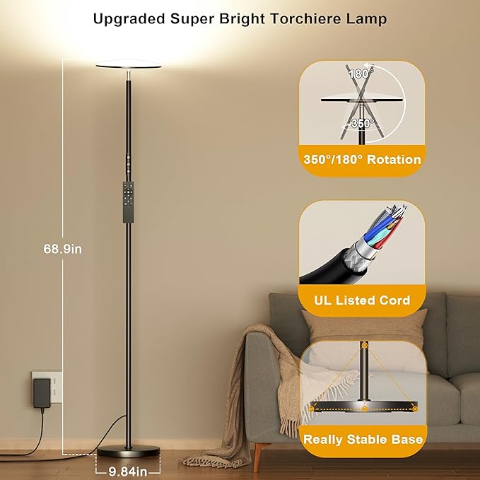 LED Floor Lamp, Bright 36W 3600LM Standing Lamp 350W Equivalent with Remote & Touch Control, Modern Torchiere Floor Lamp with 2700K-6500K Stepless Dimming, 69" Tall Lamp for Living Room Bedroom Office