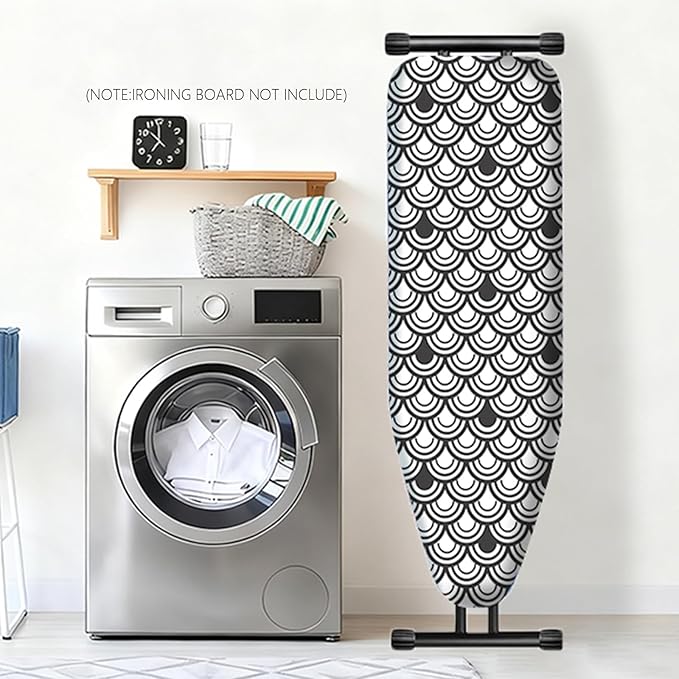 Bumkimue Ironing Board Cover and Pad, Standard Size 15x54 Inches, Blue Floral Pattern, Heavy Duty Padded, Elastic Edge, Scorch Resistant (Black and White Shell Shape)