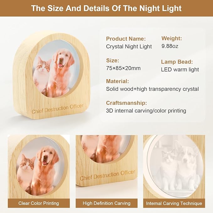 Yijhpbc Custom 3D Crystal Photo Night Light Personalized Photo Crystal Ball Engraved Picture Lamp with Wood Base Memorial Gift for Pets Family Couple Birthday Valentine's Day (Style 4)
