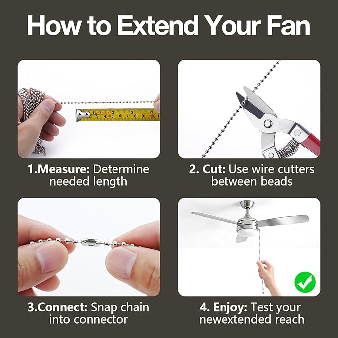SmoTecQ 10 Feet (120 Inch) Ceiling Fan Pull Chain Extension - Nickel Plated Silver - 3mm Beaded Ball Chain with 12 Connectors - Rust Proof Solid Brass for Light Fixtures & DIY Crafts