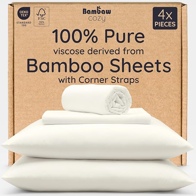 Bambaw 100% Viscose Derived from Bamboo Sheets California King Size Set – 4pcs Super Soft Bedding Set, Cooling Bed Sheet, Hotel Luxury Bed Sheets Set, Deep Pockets Fits Up to 16'' Mattresses (Ivory)