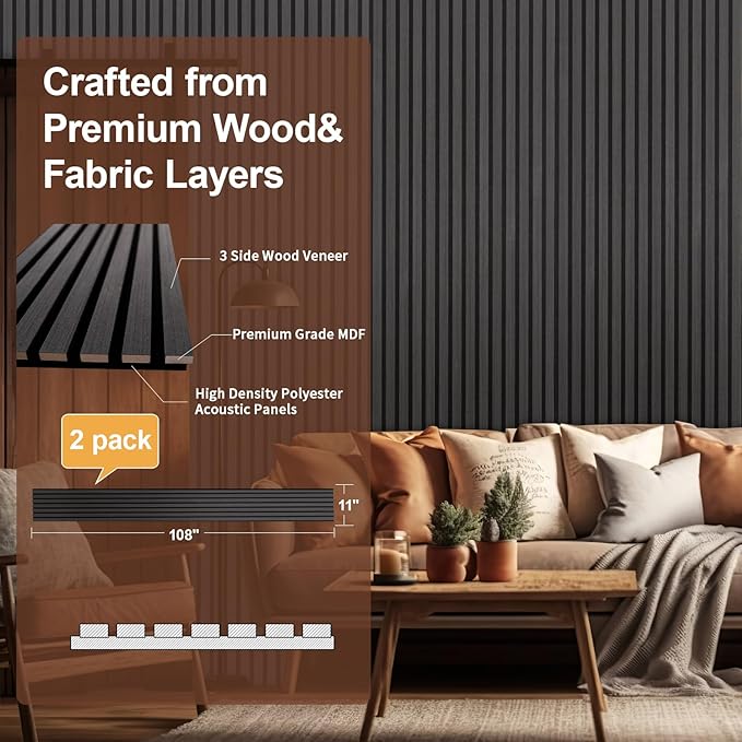 Yuzzy Wood Panels for Wall and Ceiling - 108 x 11 Inch Wood Slat Acoustic Panels 2 PCS - Modern Sound Absorbing Wall Panels for Interior Wall Decor for Home, Office, Studio - Rustic Black Oak