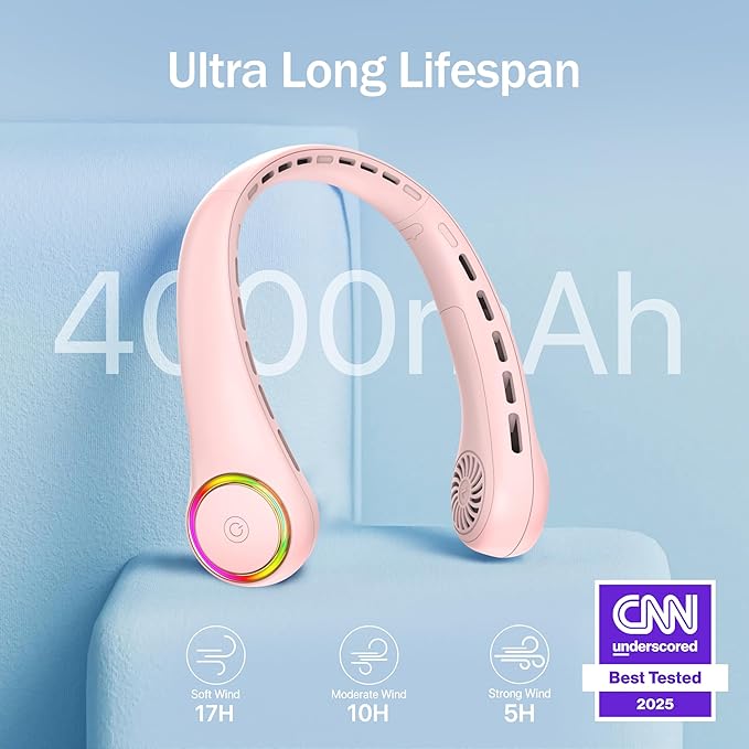 GULAKI Portable Neck Fan, Personal Fan with 4000mAh Battery, Rechargeable Neck Fan with 3 Speeds and 64 Cool Lights, Birthday Gifts for Men Women Mom Dad, Hands Free Cooling fan for Summer(Pink)
