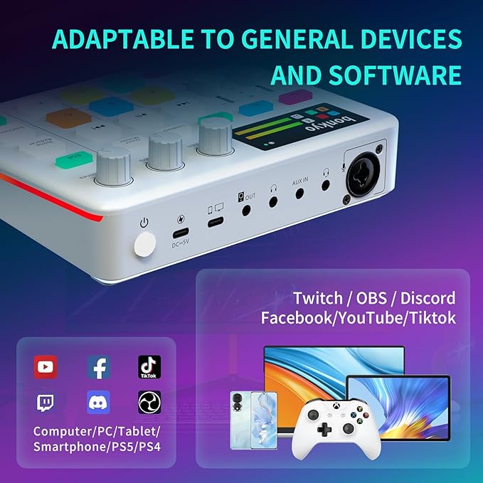 Bonkyo Gaming Audio Mixer & USB Interface with XLR Microphone, Bluetooth 5.0, RGB Effects, 48V Phantom Power, Voice Changer, G1 Sound Card for PS5, TikTok Live Streaming, Podcasting（White）