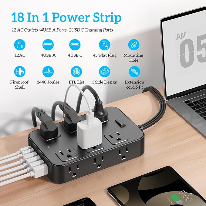 Solidock Flat Plug Power Strip Surge Protector 5 Ft Extension Cord with 12 AC Outlets 6 USB Ports 3 Side Multi Plug Outlet Extender Home Office Kitchen Dorm Room Wall Desk Charging Station ETL Listed