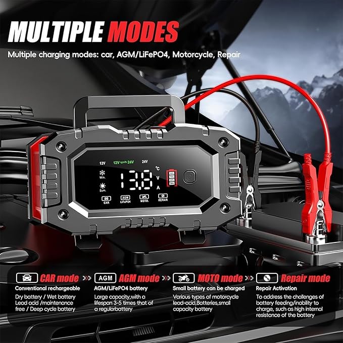 Car Battery Charger 20Amp, 12V 24V LiFePO4 Lead Acid Automatic Smart Battery Maintainer,Trickle Charger Automotive & Desulfator, Repair & Winter Mode w/Protections For AGM STD Gel Deep Cycle Batteries