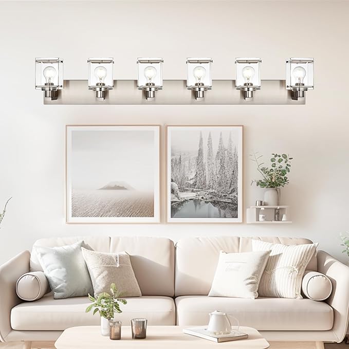 WINSHEN 6-Lights Brushed Nickel Bathroom Light Fixture Over Mirror, Modern Wall Sconce with Clear Glass Shades, E26 Bulb Base Vanity Lighting for Over Mirror Kitchen